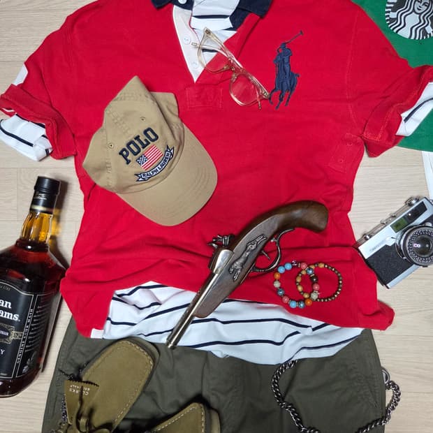 POLO RALPH LAUREN 레드 네이비 반팔 카라티 티셔츠 