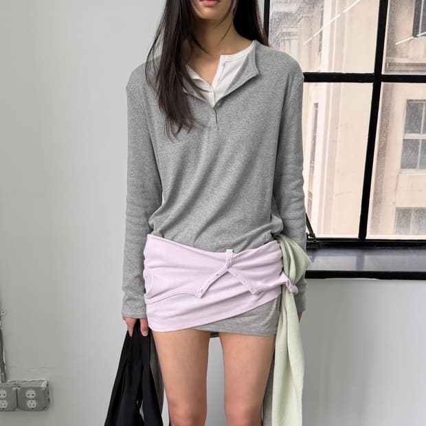 Relaxed Henley Tee Melange Grey