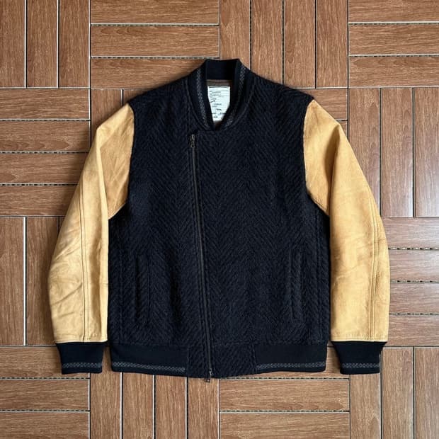 Shareef 울 소가죽 바시티 자켓