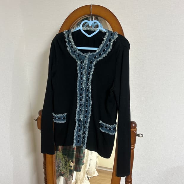 데님 골지 니트 가디건