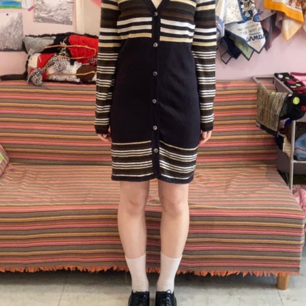 롱 스트라이프 페어리 브이넥 가디건