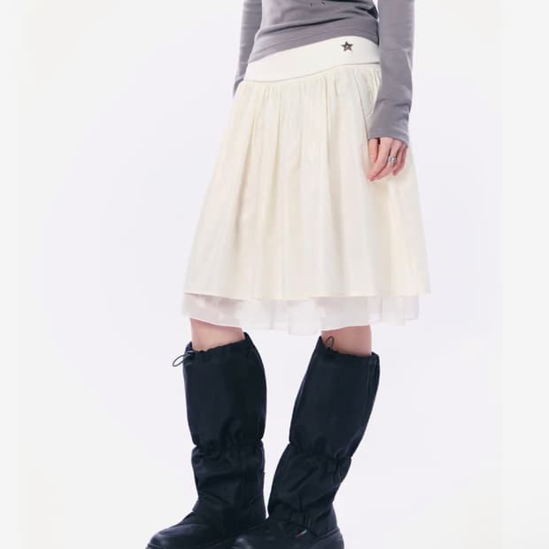 셋업엑스이 쉬폰 레이어드 미디 스커트 크림