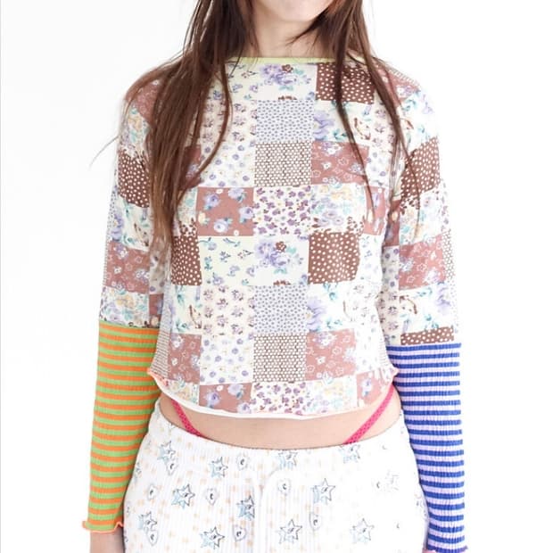 샵페어리 삐삐 패치워크 롱슬리브 탑 브라운 shopfaerie 티셔츠