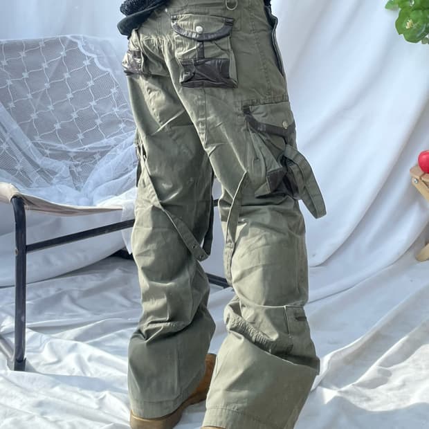 Strap detail khaki cargo pants