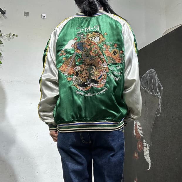 일본빈티지 R.M.C 초록 게이샤 자수 스카잔 M