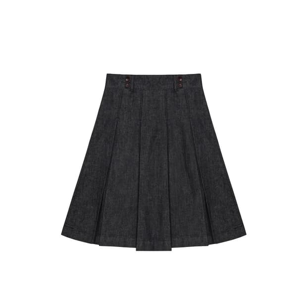 Saros Pleated Denim Skirt - Black