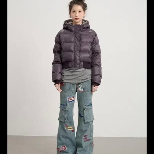 y2k 아키하라 어깨자수 크롭 패딩 S 퍼플