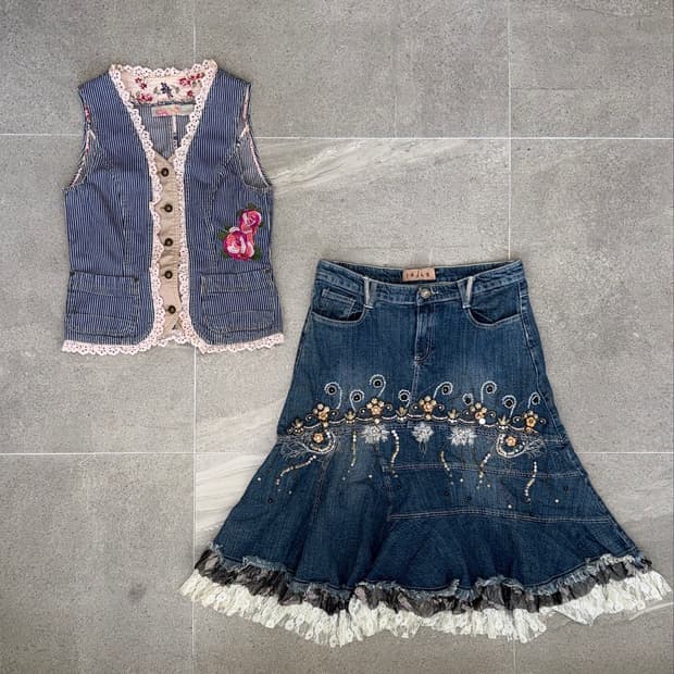 Denim stripe bohemian floral lace vest