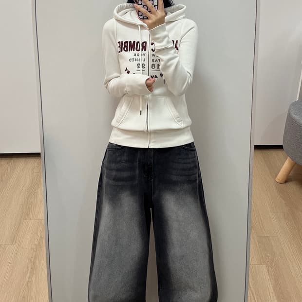 아베크롬비 버건디 자수로고 아이보리 후드집업