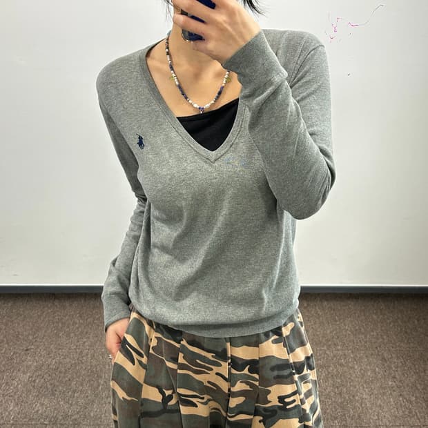 Polo 폴로 네이비포니 그레이 브이넥 니트