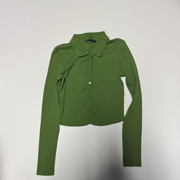 여성 자라 ZARA 골지 버튼 긴팔 크롭 가디건 S 그린