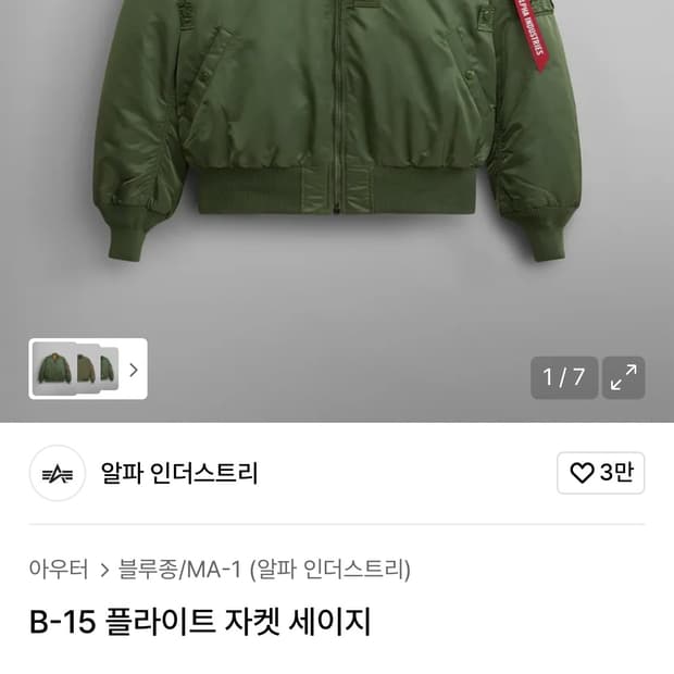 알파인더스트리 B-15 플라이트 자켓 세이지