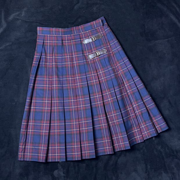 일본빈티지 레드 체크 버클 미디 스커트