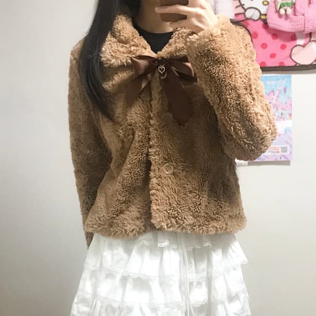 빈티지 브라운 라떼 퍼 리본 보석 코트 히메갸루 로걀 리즈리사깔 모리걸