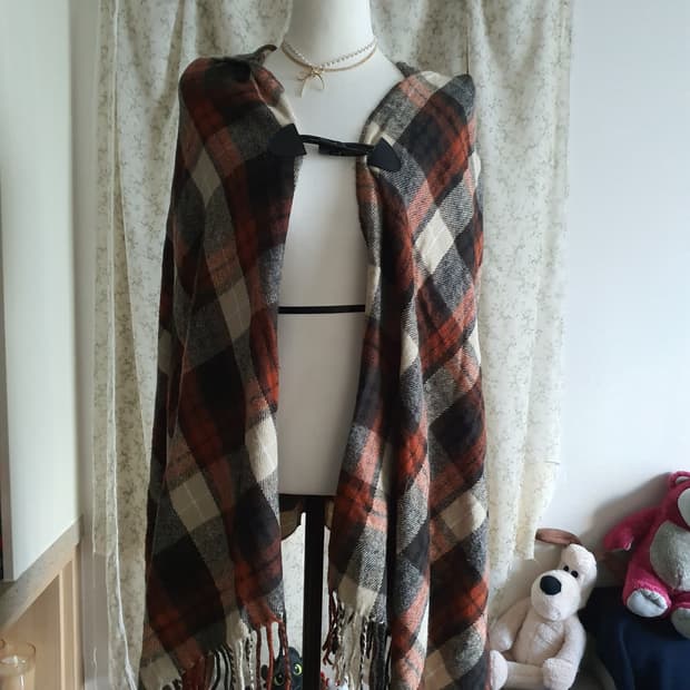 [모리걸] 체크 패턴 숄 망토 브라운 Free