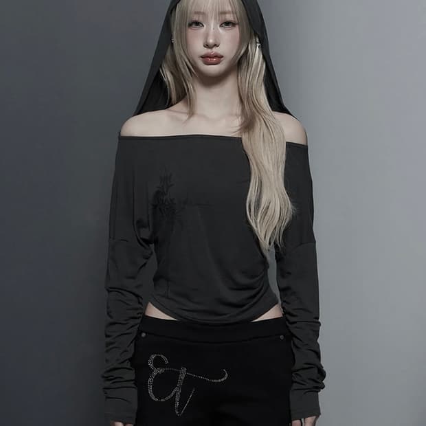 에트오소메 후드 슬림핏 롱슬리브 top-dark gray