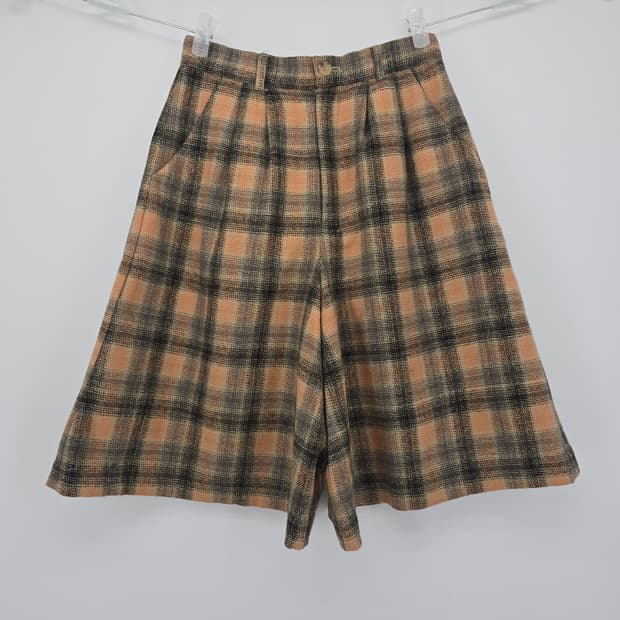 일본 빈티지 큐롯 팬츠 체크 패턴 울 반바지