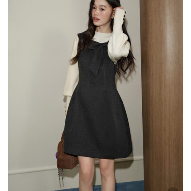 KUOSE 쿠오세원피스 차콜 리본 민소매 레이어드 원피스