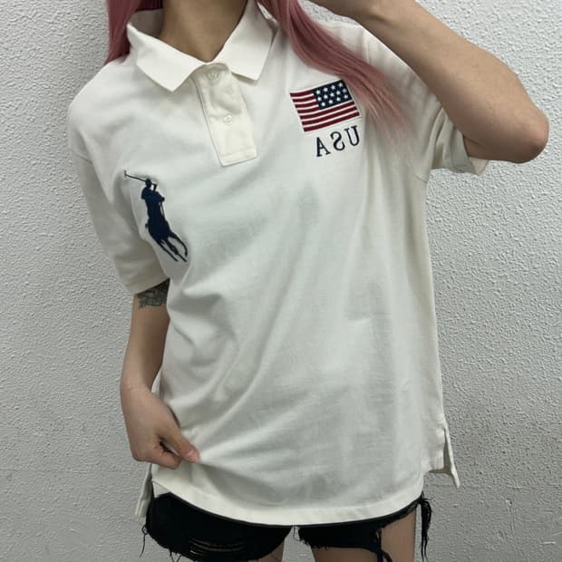 폴로 랄프로렌 빅포니 성조기 화이트 카라 반팔 XL