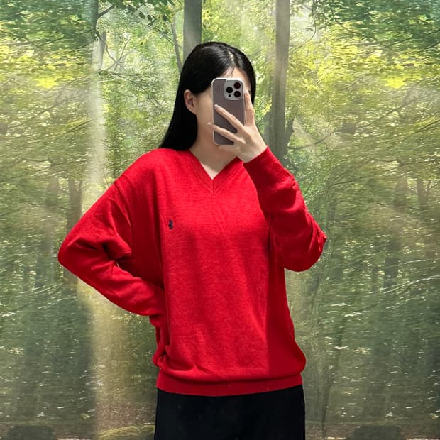 폴로 랄프로렌 레드 브이넥 니트
