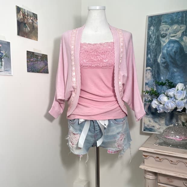 pink lace trim open cardigan&lace sleeve