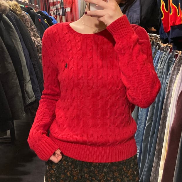 [IM] 폴로 랄프로렌 라운드넥 케이블 니트 레드 