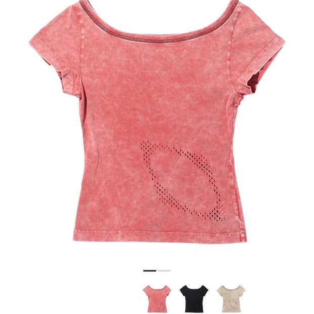 미스치프 블리치드 와이드넥 티셔츠 블리치드 레드