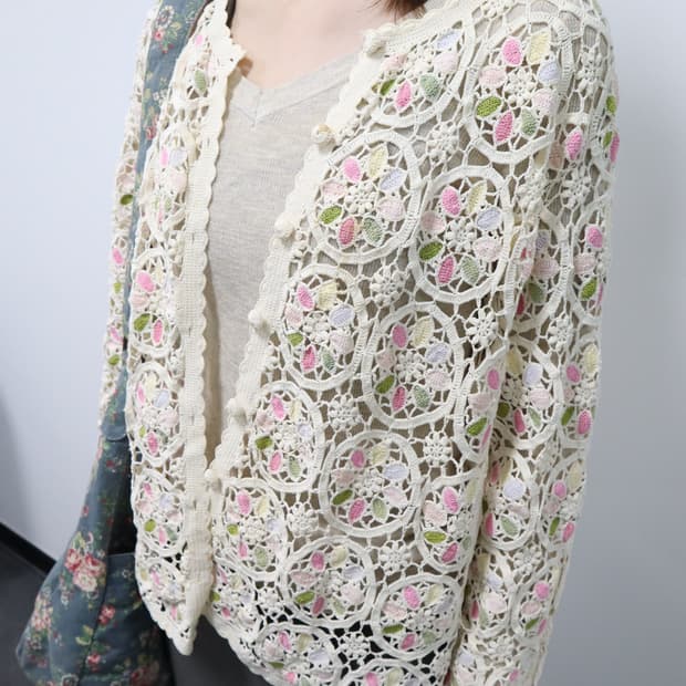 시소르타 빈티지 파스텔 크로셰 가디건