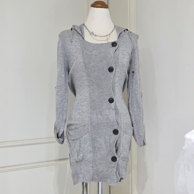 빈티지)y2k 오네갸루st 로맨틱 그레이 걸리쉬 리본 니트 롱 가디건