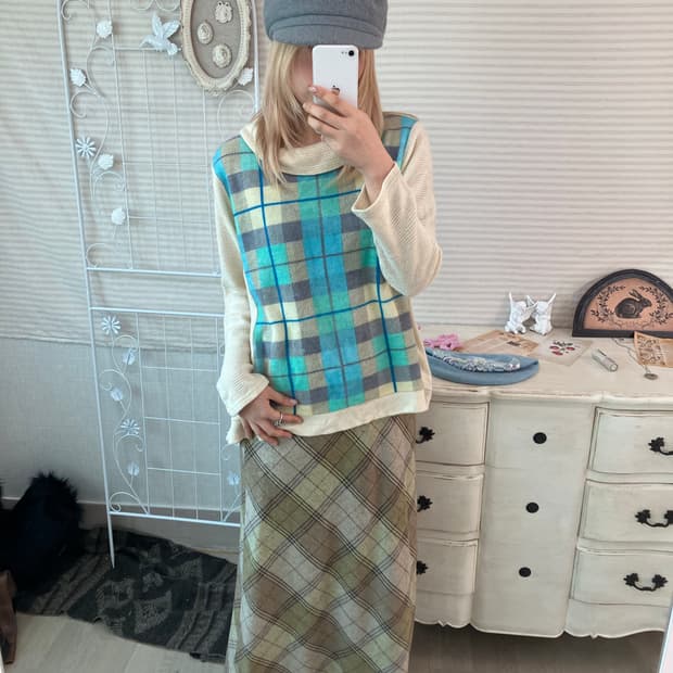 일본빈티지 민트 체크 패턴 니트 풀오버