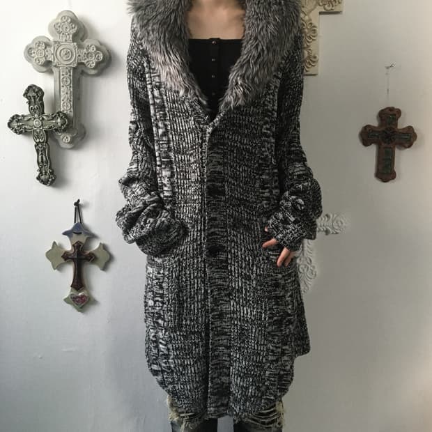 Fake fur collar knit cardigan