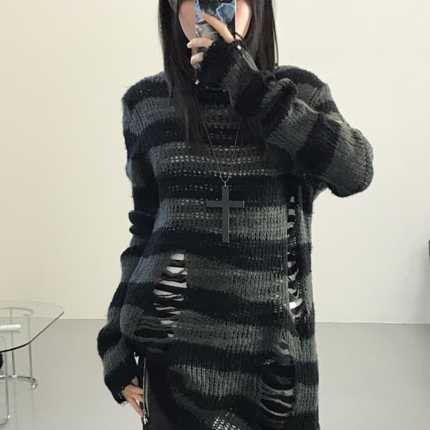 Jpn Damage Details Striped Knit