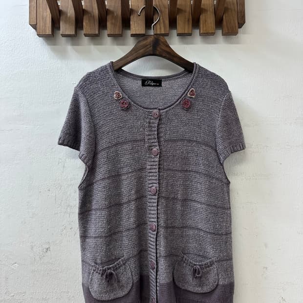 일본빈티지 플라워 자수 반팔 니트 가디건