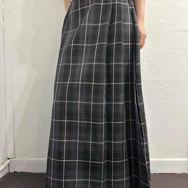 pink check pleats long skirt