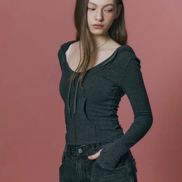 Glen Deep U-neck Hoodie charcoal