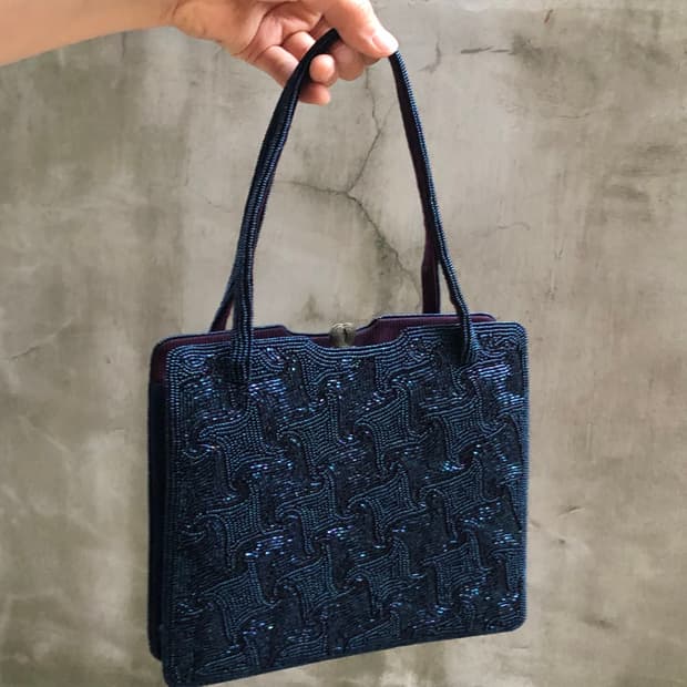 navy geometric beaded handbag