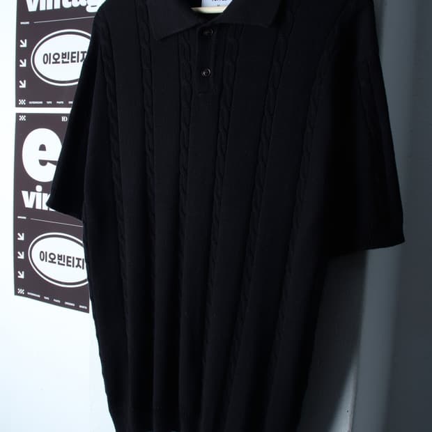 (M-L) 토피 반팔 카라 티셔츠 니트 케이블 꽈배기 블랙-H34245