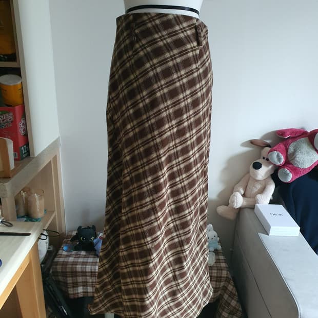 [모리걸] 브라운 체크 롱 스커트 모직스커트