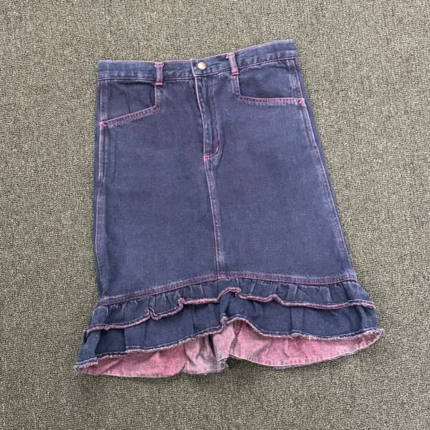 140)Kenzo vintage 프릴 자수 디테일 퍼플 데님 미니 스커트