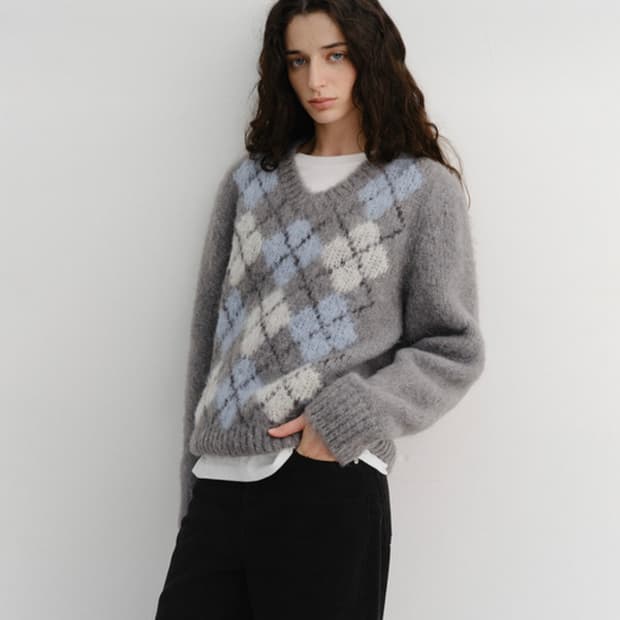 DUNST 알파카 아가일 브이넥 스웨터 xs