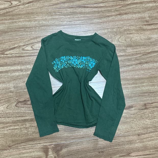 빈티지 카키 플라워 긴팔 티셔츠 오네갸루 긱시크 오리엔탈 그런지 모리걸