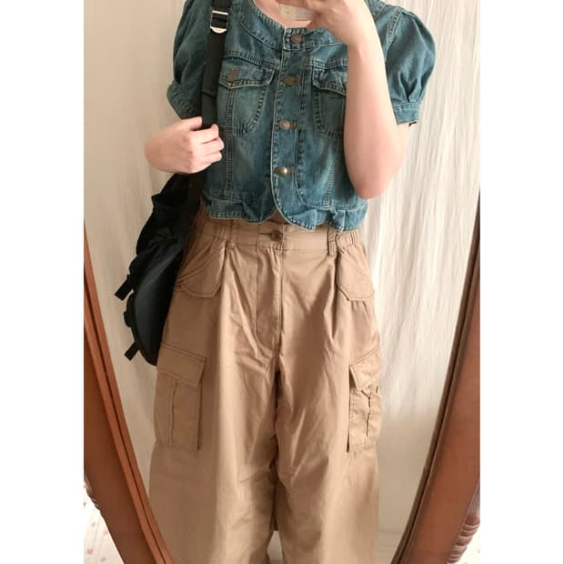 반팔 퍼프 프릴 데님 자켓