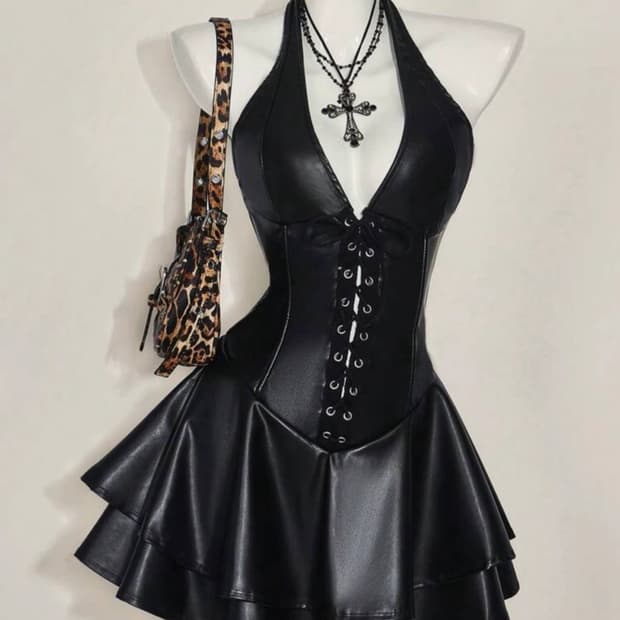 새상품 갸루 블랙 가죽 코르셋 미니 원피스