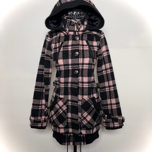 jpn 핑크 체크 패턴 후드 자켓