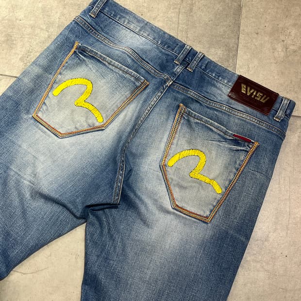 Evisu jeans 무지개 스티치 빈티지 워싱 와이드 데님 팬츠
