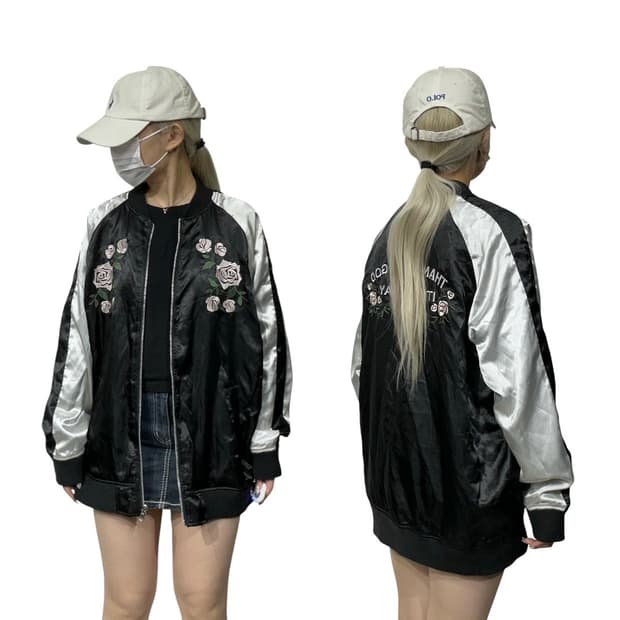 일본 빈티지 블랙 화이트 꽃 자수 자켓 