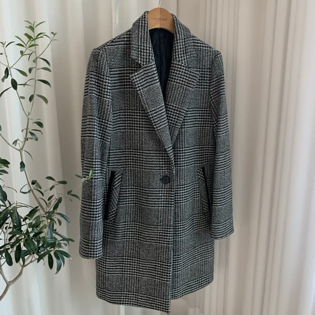 빈티지 체크 원버튼 누빔 울 롱코트