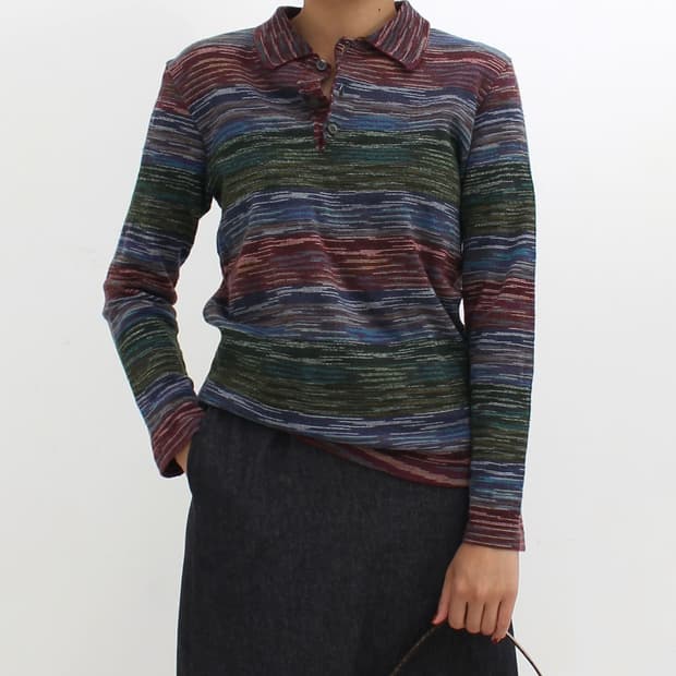 미쏘니 Missoni 패턴 스트라이프 칼라 긴팔 니트 폴리티셔츠