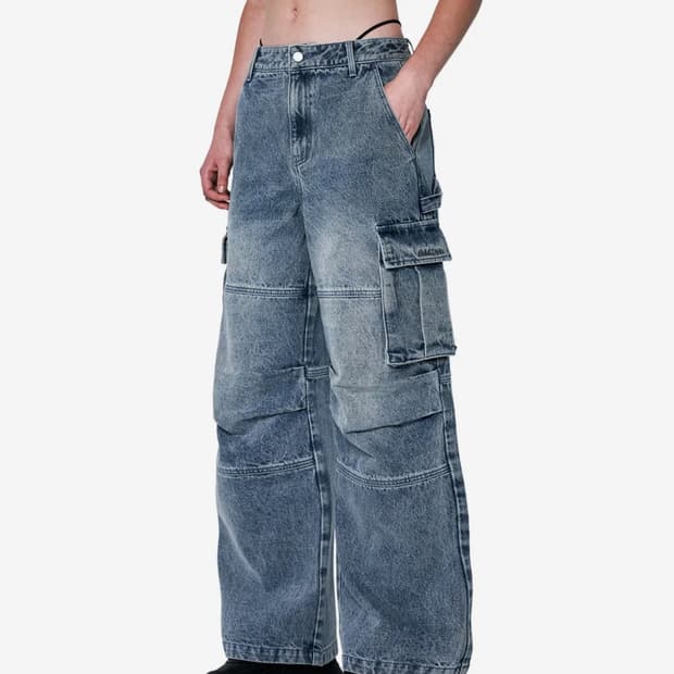 오드스튜디오 솔트 워싱 카고 와이드 파라슈트 데님 팬츠 S