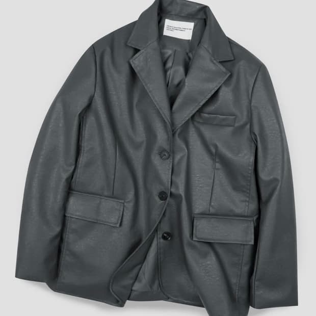 플레이스 스튜디오 비건 크랙 오버핏 싱글 버튼 블레이저 레더 자켓 그레이